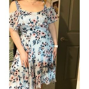 Torrid FLORAL SKATER MINI DRESS Women 2X Blue Cold Shoulder Stretch Spring Flowy